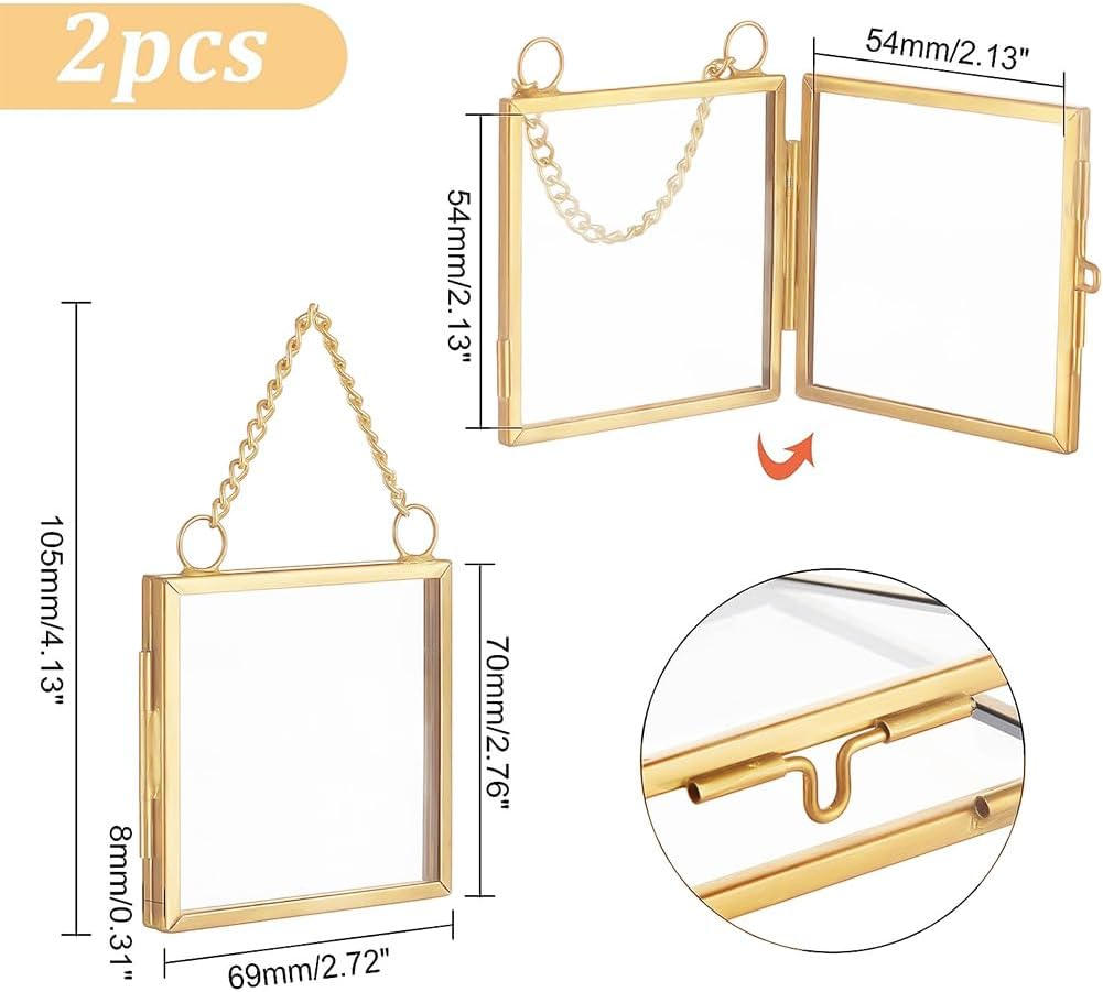 OLYCRAFT 2pcs Mini Hanging Glass Frame Wall Hanging Photo Frames 2.7 Inch Double Glass Picture Frame with Chain Folding Frame DIY Vintage Artwork Display Frames for Pressed Flowers Pictures Home Wall