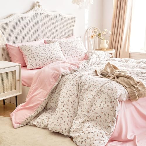 Image of Wake In Cloud - Queen Size Comforter Set, 3-Piece, Floral Shabby Chic Coquette Cottagecore Flower Light Pink Blush, Soft Lightweight Bedding for Women Girls