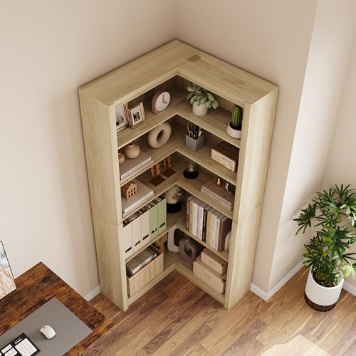 GarveeHome Corner Bookshelf, 71.8'' Farmhouse Corner Bookcase, L-Shaped Bookshelf Large Bookcase, 5 Tier Display Shelf Heavy Duty Bookcases, Bookshelves with Storage (Light Wood)