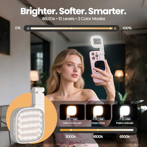 Image of ELEPHANTBOAT USB Magnetic Folding Phone Fill Light with Touch-Up Mirror 1000mAh Rechargeable 3-Color LED Video & Photography Light with 10 Brightness Levels Compatible with Magnetic Ring Phones Cases