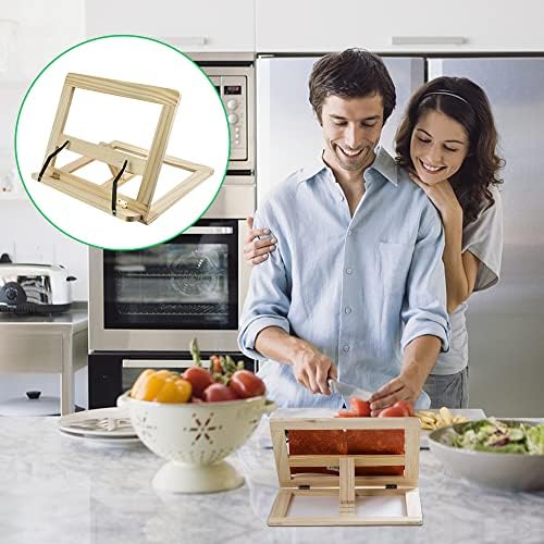 PERFETSELL Bamboo Cookbook Stand Holder Adjustable Recipe Book Stand Reading Rest Cookery Books Holder Foldable Bookrest Tablet Stand Magazine Book Easel Tray with 2 Metal Page Holders for Books iPads