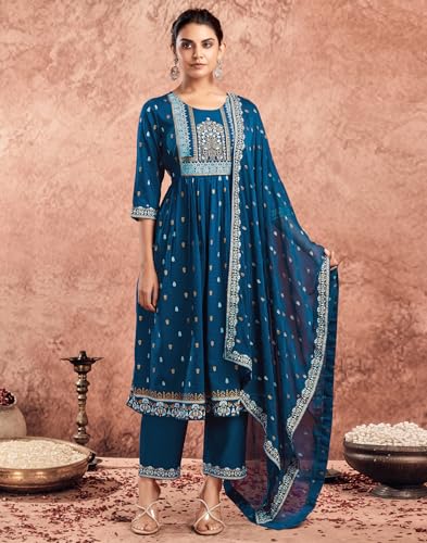 Image of SKYLEE Women's Printed & Gota Lace Cotton Silk Anarkali Kurta Set with Dupatta