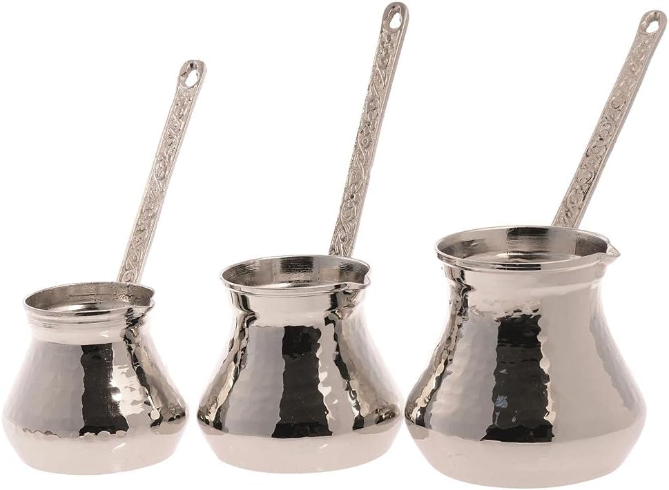 Turkish Coffee Pot set, traditional coffee Maker, Hammered Copper Coffee Cezve, Stove Top Coffee Maker (Set 3 pieces) (Copper)