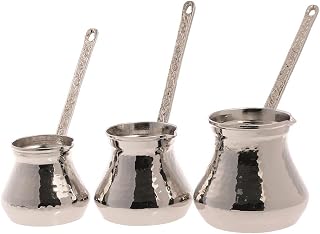 LaModaHome Handmade Turkish Arabic Greek Silver Color Serving Coffee Pot Cezve Ibrik Briki Coffee Maker with Holder Set of 3 for Women, Men, Adults, Guests, New Home Wedding Gifts