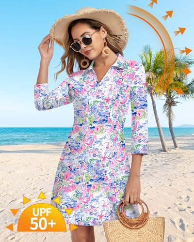 Image of WOWENY 3 /4 Sleeve Dress for Women with Pockets V Neck UPF 50+ Casual Sun Dress Breathable Quick Dry Beach Vacation