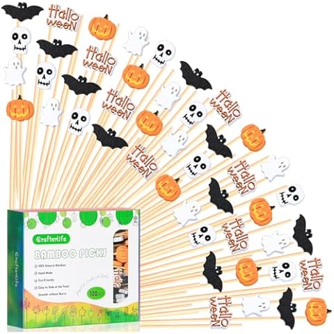 Halloween Cocktail Picks Halloween Theme Skull Ghost Pumpkin Bat Decorations Long Toothpicks Fruit Sticks Skewers Topper for Appetizer Charcuterie Food Sandwich Cupcake Halloween Themed Party Supplies Cover