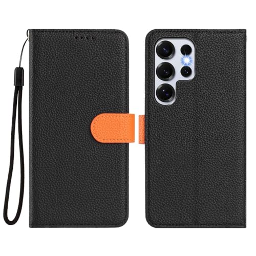 Étui Samsung Galaxy S25 Plus en cuir grainé noir avec portefeuille magnétique amovible