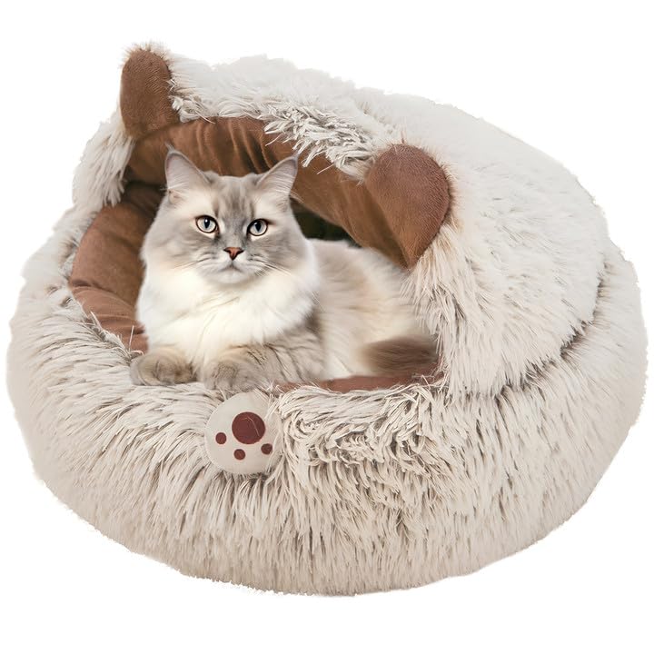 Katzenbett Rund Mit Kapuze - Weiches Donut-Bett Für Katzen Und Kleine Hunde