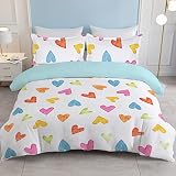 SOULZZZ Love Shaped Print Duvet Cover Twin Colorful Kawaii Love Heart White Comforter Cover 3 Piece