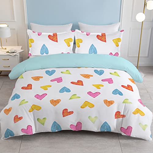 Soulzzz Love Shaped Print Duvet Cover Twin Colorful Kawaii Love Heart White Comforter Cover 3 Piece Reversible Green Cute Girls Bed Set For Kids Teens Women #TOP9