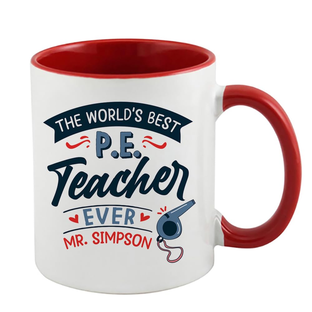 Getagift P.E. Teacher Gift, Personalised The Worlds Best P.E. Teacher, Inside Coloured Coffee, Tea Mug. (Red)