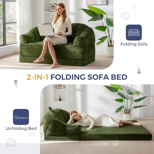 Image of MAXYOYO Folding Sofa Bed, 2 in 1 Convertible Sofa to Lounger Comfy Loveseat Bean Bag Chair for Adults, Floor Couch with Handle, Faux Fur Couch Bed for Living Room Bedroom, Green, Loveseat
