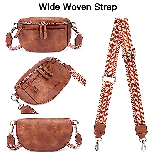 FIGESTIN Bauchtasche Damen, PU Leder Crossbody Bag Damen Breiter Gurt, Umhängetasche Damen Klein Verstellbarer Riemen Braun