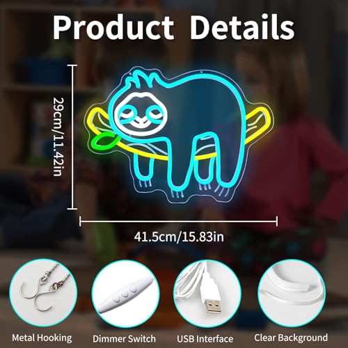 Image of Sloth Neon Sign Cute Sloth Neon Lights for Bedroom Dimmable USB Led Sign Light Up Sign Sloth Gifts for Kids Girls Boys Sloth Birthday Decorations