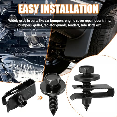 Image of mankk 50PCS 1 /4 U-Nut Clips and Fender Bolts Kit Automotive Body Fasteners | U-shaped nut clamps fit engine cover, splash shield, universal vehicle replacement body clips