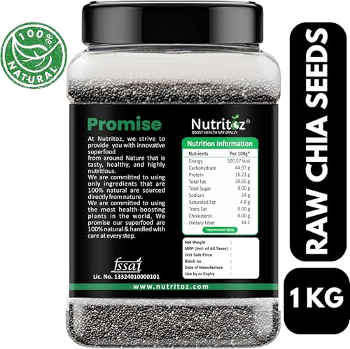 Image of Nutritoz Chia Seeds 1Kg Weight Loss Management with Omega 3, Fiber Rich in Calcium, (1000 g)