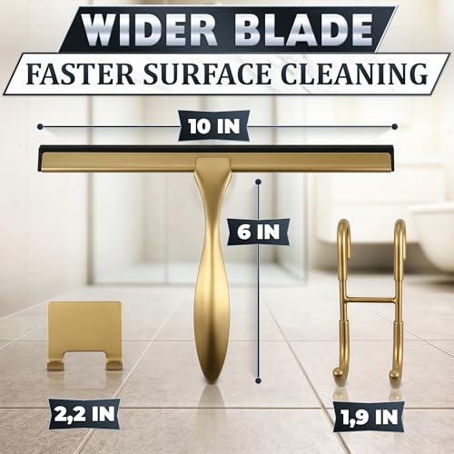 Image of Shower Door Squeegee with Hook - 10 inch Silicone Blade, Stainless Steel Gold Squeegee for Shower Glass with Adhesive Mount - All-Purpose Bathroom Tile, Mirror, & Window Wiper for Streak-Free Cleaning