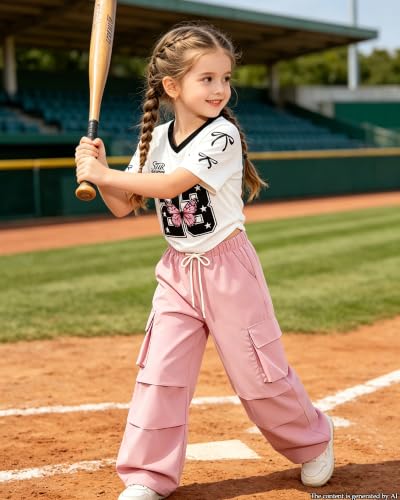 Image of Betusline Girls 2 Piece Summer Outfits,Kids Casual Short Sleeve Crop Top & Cargo Jogger Pants Sets,4T-14Y