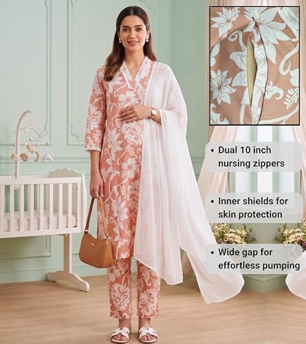 Image of DUMMY SHAPE Maternity Dresses for Women Cotton | Floral Kurta Pant Dupatta Set with Nursing Zippers, Side Pocket | Pre & Post Pregnancy | Feeding Kurti Suit | Baby Shower | Gifts for Pregnant Woman