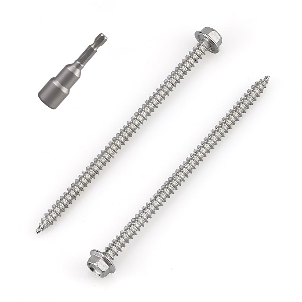 #12 x 4 Flanged Hex Head Fiberboard Wood Screws 25-Pack, 410 Stainless Steel Rust-Resistant Screws for Furniture & Wood Working Projects, Hex Bit