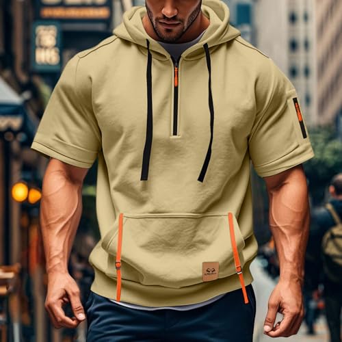 Mens Quarter Zip Tactical Hoodies Short Sleeve Hooded Cargo Sweatshirt Outdoor Workout Pillover Tops with Pockets2