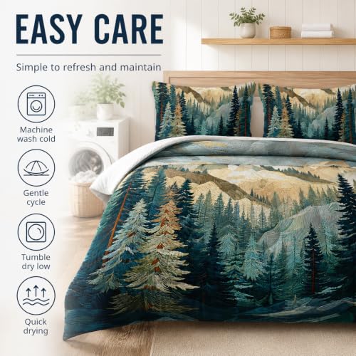 Image of AILONEN Queen Size Comforter Set,Mountains Forest Landscape Art Bedding Set for Room Decor,Lightweight Micorifber Duvet with 2 Pillowcases,3Pcs
