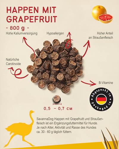 SavannaDog Happen mit Grapefruit 800g - Hunde Leckerlis getreidefrei & hypoallergen, Leckereien für Hunde mit Straußenfleisch, Hundeleckerli mit wertvollen Ballaststoffen