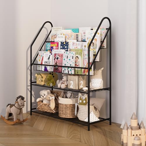 Black Bookcase for Children Metal Kids Bookshelves Modern Minimalist Toy Storage Large Bookshelf for Bookstore Bedroom, Classroom Furniture, Living, Library, Book Display Rack - Image 5