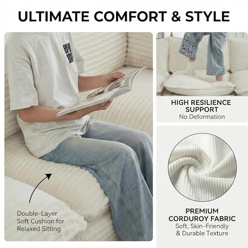 Image of 5 Piece Modular Sectional Sofa, Oversized Boneless Cloud Couch with Ottoman, Luxury Deep Seat Corduroy Fabric L Shaped Couch, Modern Memory Foam Sofa in a Box for Living Room Bedroom
