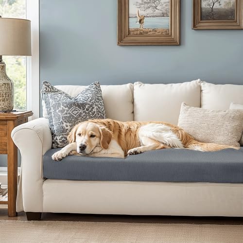 Image of CHUN YI Stretch Couch Cushion Cover, Fitted Loveseat Sofa Chair Seat Slipcover Furniture Protector, Checks Spandex Jacquard Fabric(Large,Light Gray)