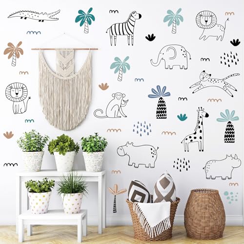 AOWDIAO Safari Wildlife Animal Wall Decals Line Art Peel & Stick Decor for Kids’ Room & Nursery