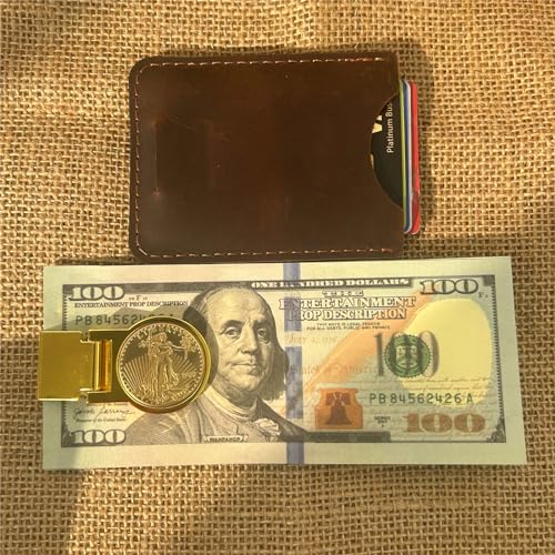 Men's front pocket leather Money Clip Wallet with hinged wallet inlaid with brass coins Classic minimalist Style Cardholder for Cash and Cards (Dark Brown and Gold 03)3