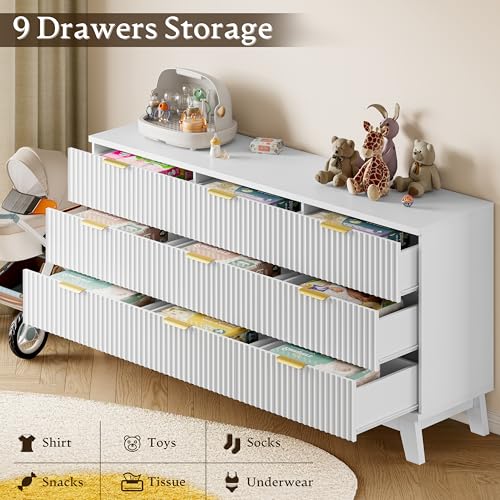 Image of BORNOON Fluted 9 Drawer Dresser, 57.1 inch Wide Modern Boho Chest of Drawers, Wooden Storage Dresser TV Stand for Bedroom, Living Room, Closet, Hallway, Curved Profile Design