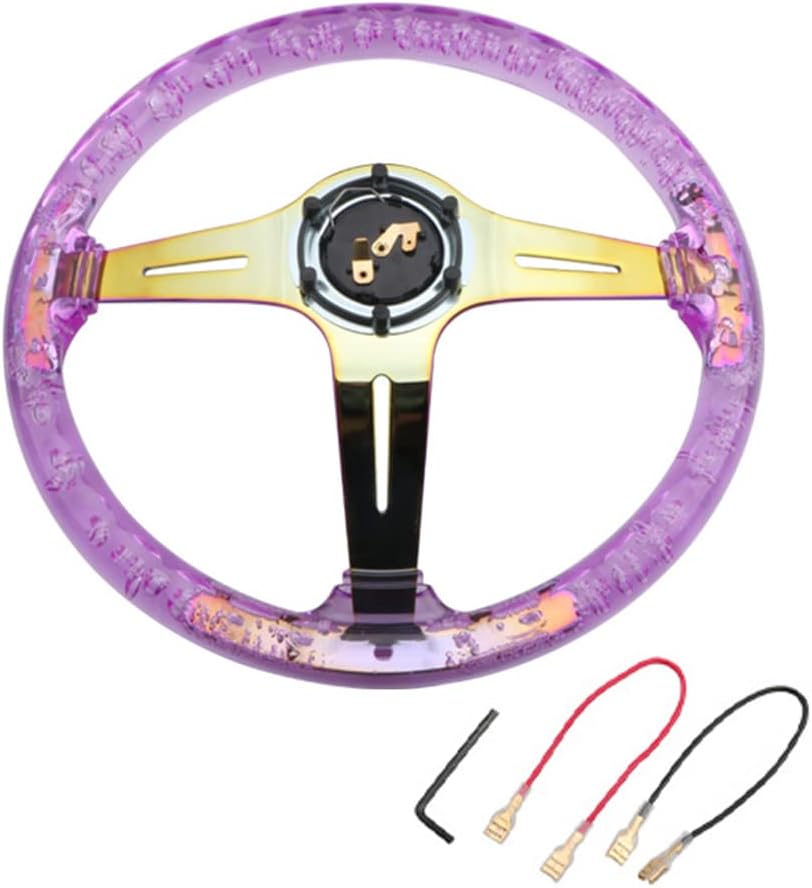 Crystal Acrylic Steering Wheel Fit Golf Cart Club Car Racing, Universal 350mm/13.8" Steering Wheel, Skid Steering Wheel 6 Bolts Horn for Gaming/Car Sim Driving (Colorful Chassis,Purple)