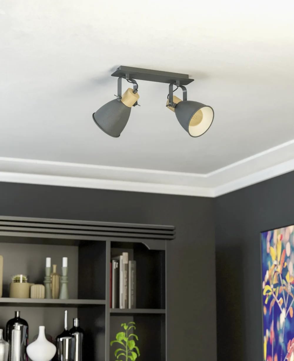 Eglo COSWARTH Vintage Ceiling Spotlight, Anthracite & Cream White Finish with Wooden Accents, Adjustable E27 Spotlights, Industrial Farmhouse Surface Mounted Ceiling Light for Living Room, Bedroom.-image-12