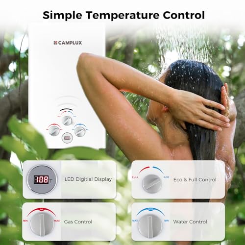 CAMPLUX Propane Water Heater, 2.11GPM Portable Water Heater for Camping, 55,000 BTU Portable Hot Water Heater Outdoor, BW211, White