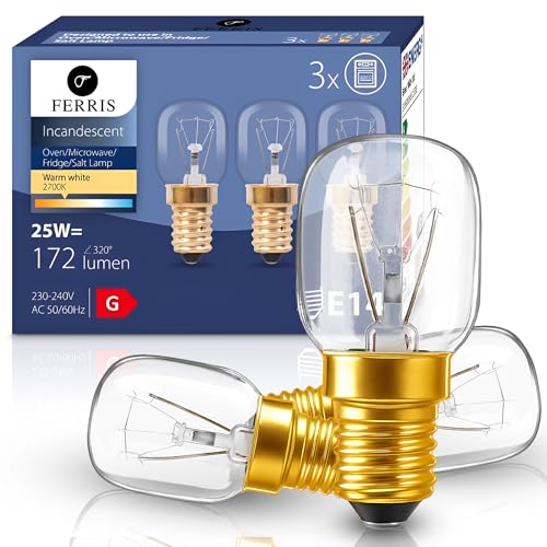FERRIS 3 Pack E14 Oven Bulbs 25W | Ultra Heat-Resistant >320C | 2700K Warm White Dimmable SES Incandescent Light | Long Life Small Screw Bulb for Ovens Microwaves Fridges & Salt Lamps