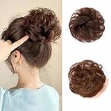 YOSILADY Messy Bun Hair Piece Human Hair Light Brown Hair with Elastic Band Scrunchies Stretchy Fluffy Chignon Ponytail Hairpieces Updos for Women Girls (Light Brown, Curly)