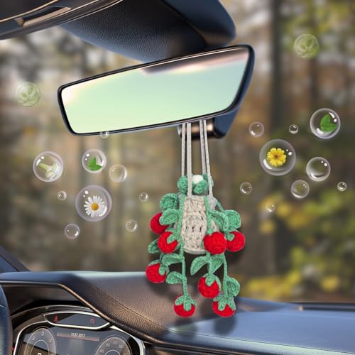 Image of ROFIGL Handmade Crochet Hanging Car Air Freshener - Sweet Cherry Charm with 12ml Refillable Glass Essential Oil Bottle, Cute Car Accessories for Women & Bedroom Floral Decor