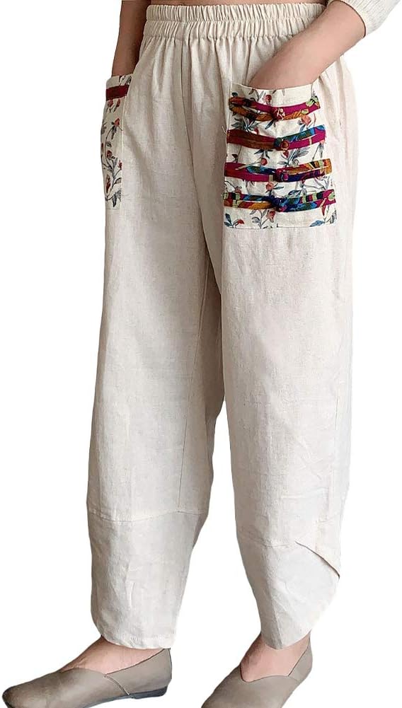 Minibee Women's Baggy Linen Wide Leg Trousers Casual Patchwork Elastic Waist Harem Pants