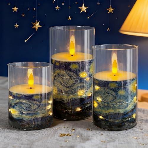 Bougies LED Van Gogh en lot de 3 piliers de verre vacillants pour decoration maison