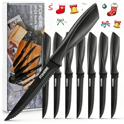 FOHERE 8 Steakmesser Set, Schwarze Steakmesser mit Sägezahn, Edelstahl, Küchenmesser, Perfekt für Weihnachtsessen, Silvesterfeiern,...