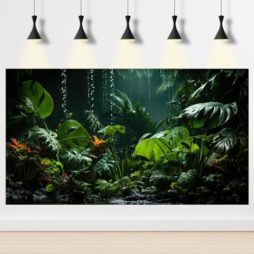 Image of Raining Forest Aquarium Background Tropical Green Palm Leaf Fish Tank Background Rainy Jungle Leaves Nature View Reptile Tank Backgrounds Foggy Misty Rainforest Reptile Enclosure Backgrounds 36x18in