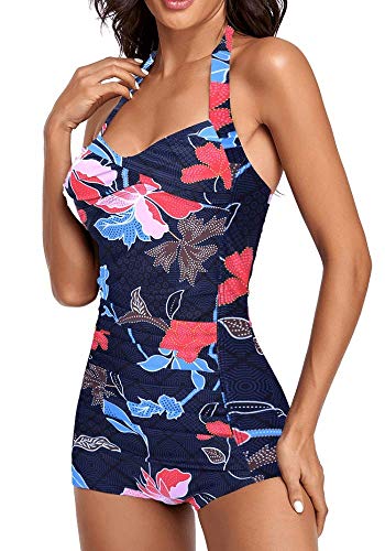 ebuddy Elegant Inspired Boy-Leg One Piece Ruched Monokinis Swimsuit,Flowered-XL