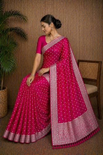 Image of Women's Glory Kanjivaram Banarasi Silk Saree with Polka Dot Embroidery Blend Woven Zari with Jacquard Woven Unstitched Blouse Piece.