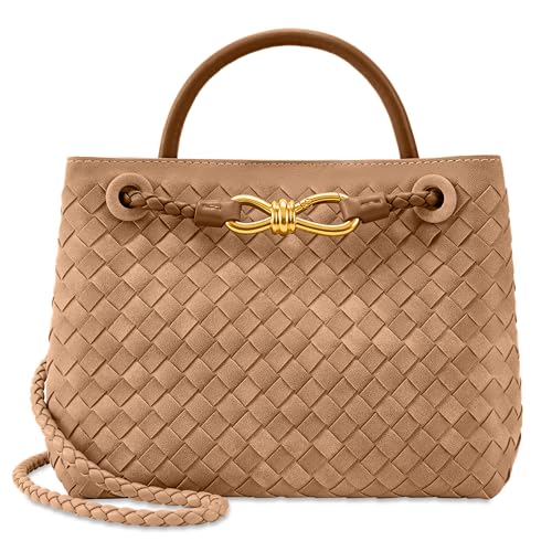 Suede Woven Tote Bag for Women Leather Shoulder Handbag Designer Top Handle Purses(Khaki)