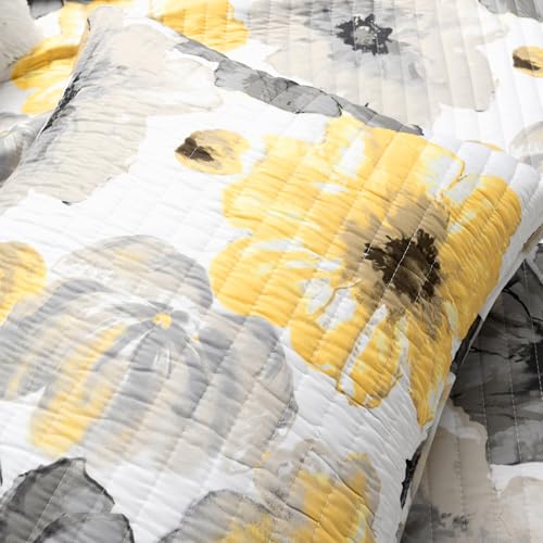 Image of Lush Decor Leah Reversible Floral Quilt Set, 8 Piece Set, Full / Queen, Yellow & Gray - Charming Floral Bedding Set With Pillow Cases, Decorative Throw Pillows & Bed Skirt- Large Watercolor Flowers