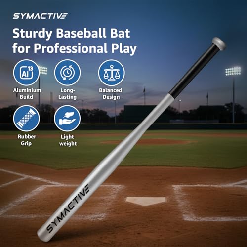 Image of Amazon Brand - Symactive 34 inch Aluminum Professional Baseball Bat | Balanced Design for Powerful Swings | PU Grip for Comfort & Stability | for Beginners & Advanced Players | Practice & Competitive Use | Silver