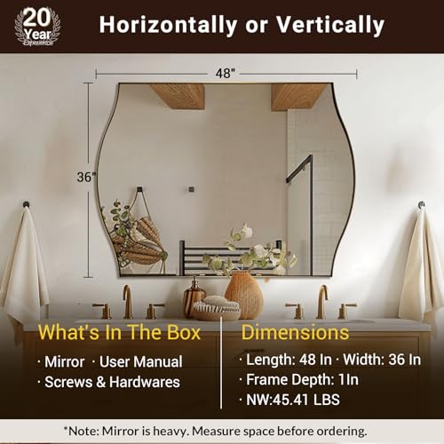Image of ANDY STAR Rectangle Scalloped Mirror, 36 inchx48 inch Brushed Gold Bathroom Mirror in SUS304 Stainless Steel Metal Frame, Brass Vanity Mirror with Unique Arched Top Design