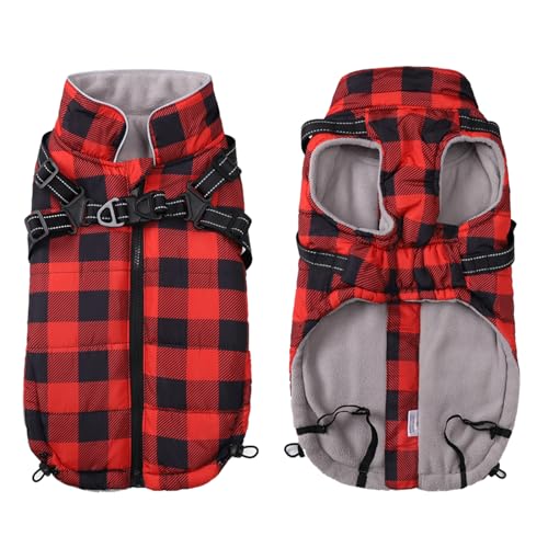 Brabtod-Dog-Winter-Coat-Dog-Harness-Jacket-Plaid-Pet-Fleece-Vest-Warm-Puppy-Coats-Small-Dog-Clothes-Reflective-Waterproof-Dog-Outdoor-Coat-with-Harness-Built-in-for-Cold-Weather-Red-S